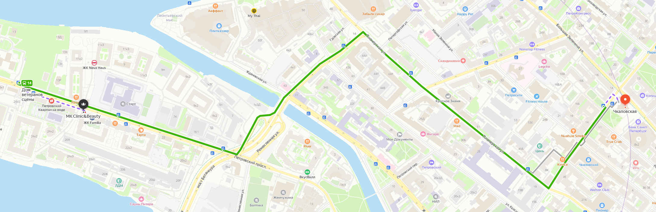Схема пути движения к клинике от метро Чкаловская на автобусе номер 14